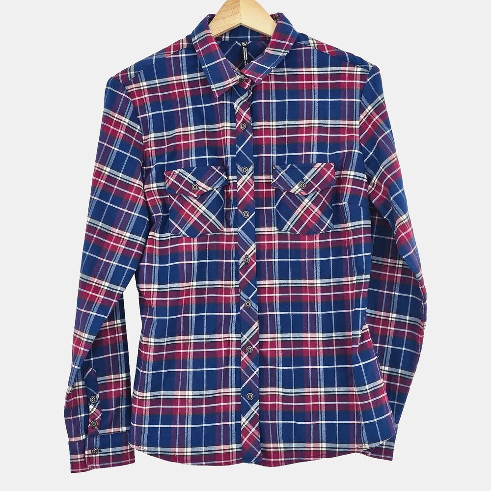Kuhl Women's Long-Sleeve Flannel Shirt-Blue Red Plaid Outdoor Gorpcore Size L